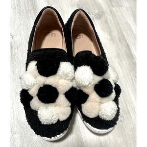 UGG Women Black White Pom Pom Cozy Slip On Loafer Shoes Flats Size 7